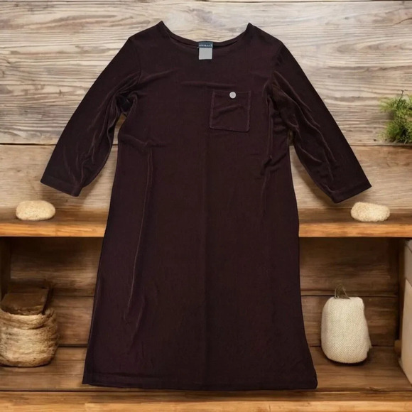 CITIKNITS Chocolate Brown Slinky Knit Dress Front Pocket Knee Length Small - Picture 1 of 6